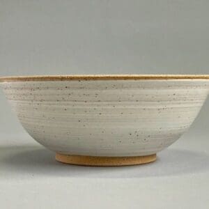 A bowl with a yellow rim and white background