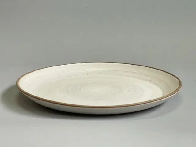 A white plate with brown rim on top of grey surface.