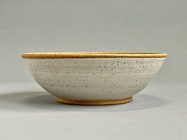 A bowl with a yellow rim and speckled white background